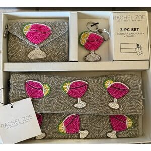 Rachel Zoe 3 Pc Set Beaded Pink Margarita Clutch Card Case Charm NIB